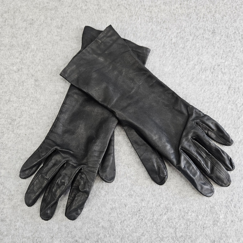 Vintage Leather Gloves Women M Black Mid Length Rayon Lined Classic 1960s